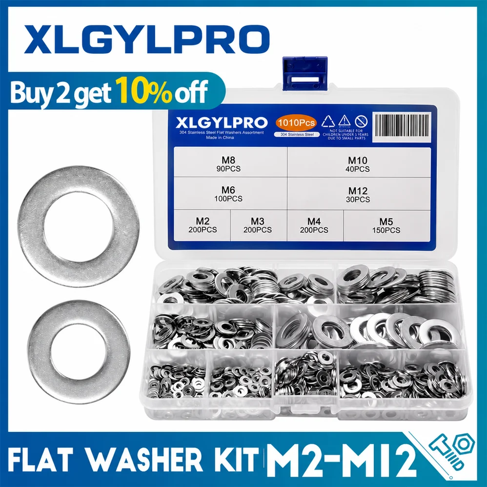 XLGYLPRO 620/1010 Piece Flat Washer Set Stainless Steel M2 M3 M4 M5 M6 M8 M10 M12 Ring Washer Combo Pack