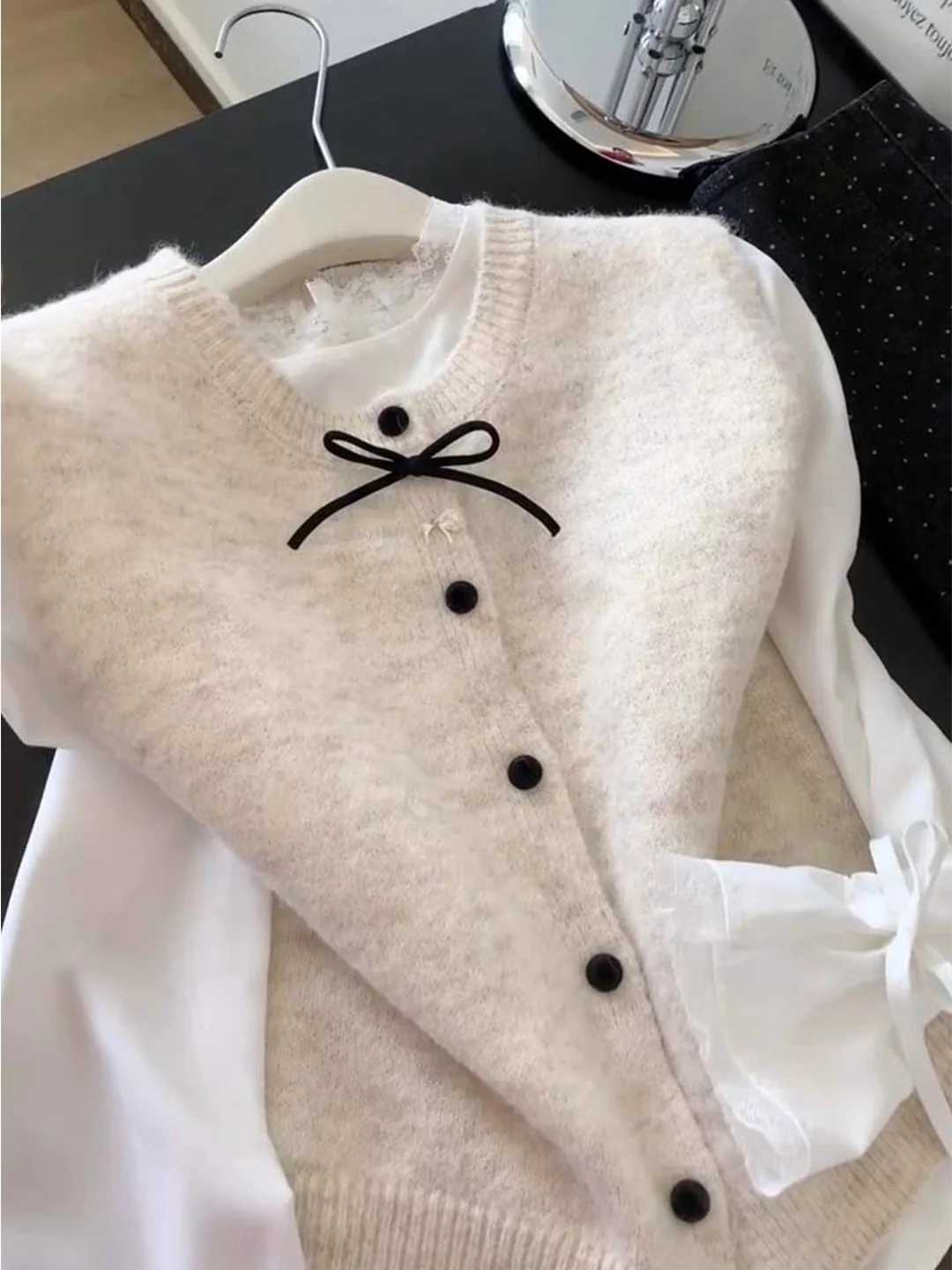 

Korean Sle Long Sve Lace Patchwork Women's irt Knot Design Slimming Vest oulder Pad Two-Piece Set Autumn Wear