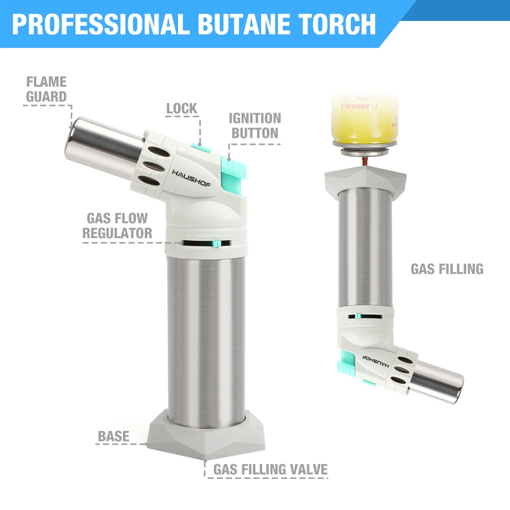 HAUSHOF Multipurpose Refillable Kitchen Torch Lighters For Baking Soldering and Craft Industral Using - Butane Gas Not Included