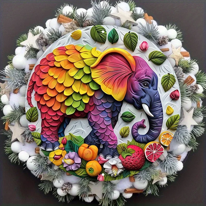 

Aluminum Metal Elephant Wreath Sign, Hippie Themed Art Set, Wall Decoration for Dormitory, Valentine's Day Gift,8in and 11.8in