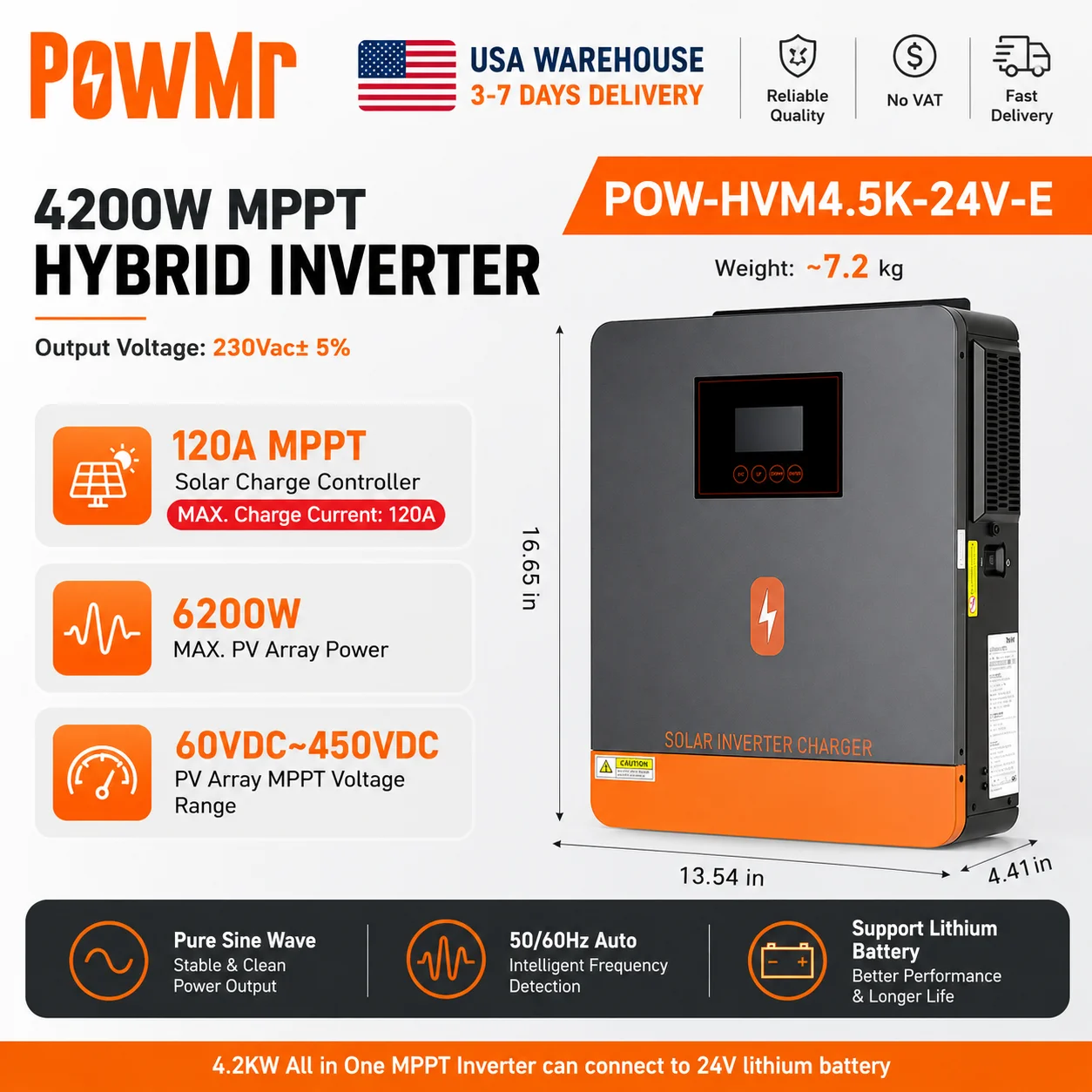 PowMr USA 4.5KVA 4200W/4.2KW 24V Hybrid Solar Inverters 220Vac Output Max 6200W 500Vdc PV Input With MPPT 120A Charge Regulator Support Wifi for Lifepo4 Power Bank Home RV Cabin Solar Energy Storage System