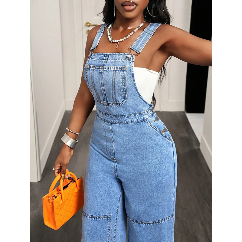 Benuynffy Streetwear Washed Denim Overall Jumpsuit Women Casual 2026 Summer High Waisted Sleeveless Loose Wide Leg Jumpsuits