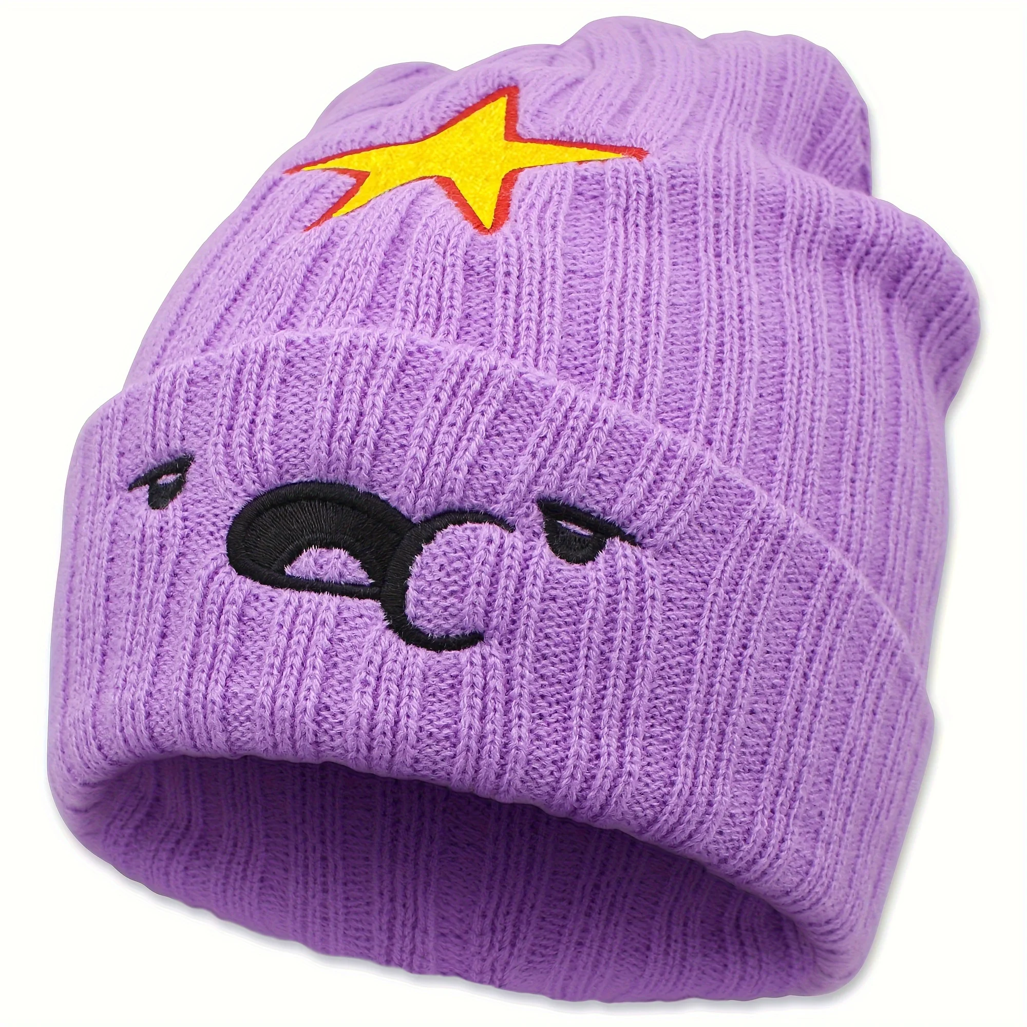 

Anime Purple Slouchy Beanie Cute Cartoon Embroidery Knit Hat Elastic Soft Windproof Skull Hat Casual Ski Mask For Women Outdoor