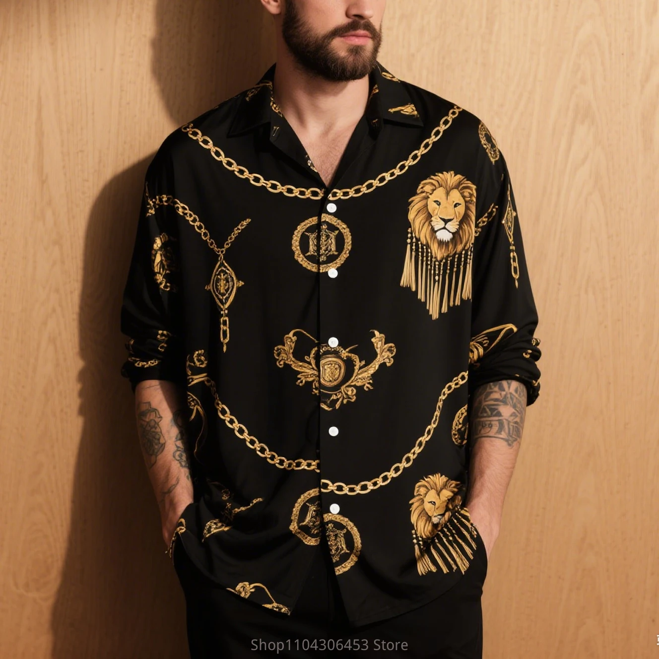 الرجال نمط جديد الأسد الرجعية سلسلة تكبل 3D قميص مطبوع بأكمام طويلة ساحة طوق لينة ومريحة النسيج الأعمال عارضة