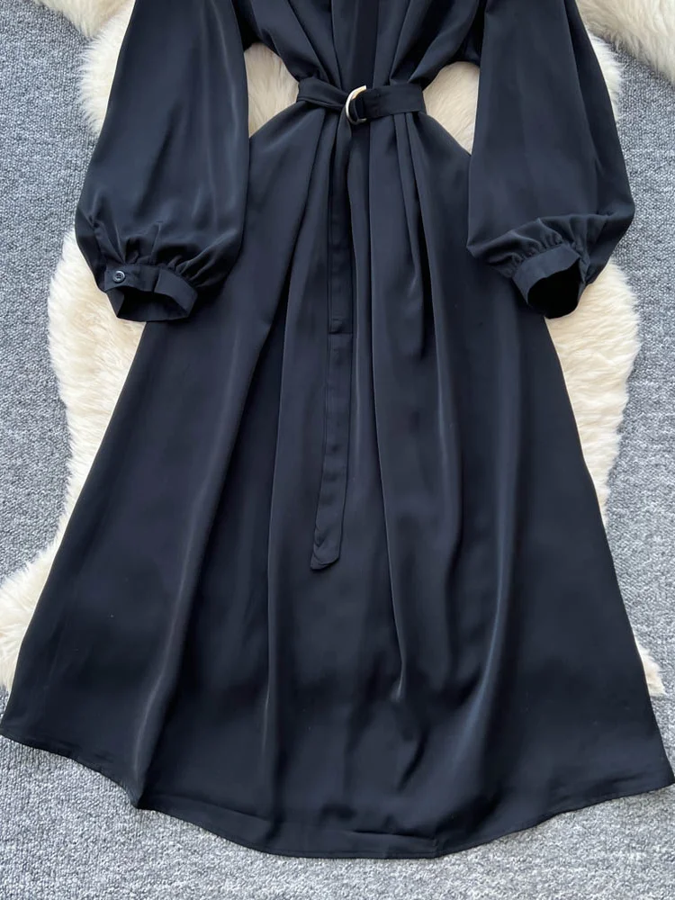 Retro runde Ne Plissee Design Sinn Belted Taille Laterne Sve Dr Frauen Herbst Abnehmen Lange Dr Koreanische Sle Hohe Wa...