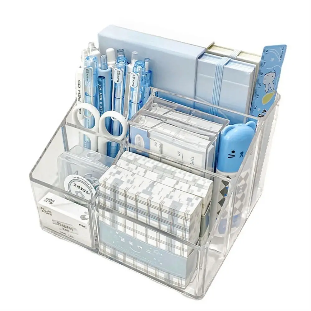 Transparent Desk Pen Holder Pencil Storage Box 5-Grid Large Capacity Stationery Organizer Home Office Pen Stand Acrylic