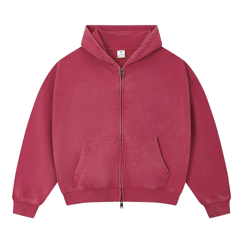 European & American Lightweight Buttery-Soft Vintage Pink Snow-Wash Boxy Loose Zip-Up Hoodie 370gsm 100% Cotton Sweatshirts