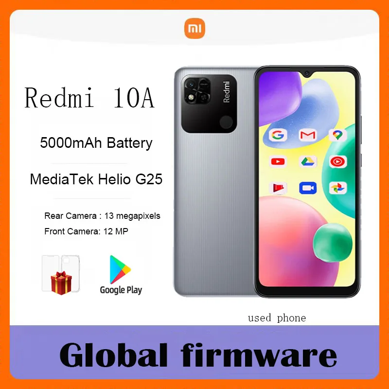 Globalny firmware Xiaomi Redmi 10A Smartphone 6.53' Wyświetlacz HD Helio G25 Octa Core 13MP 5000mAh Używany telefon