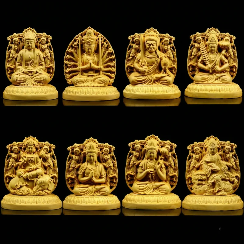 Boxwood Double Sided Carved Buddha Statue Chinese Zodiac Patron God Figurine Car Ornament Desktop Decor Amulet Craft Gift