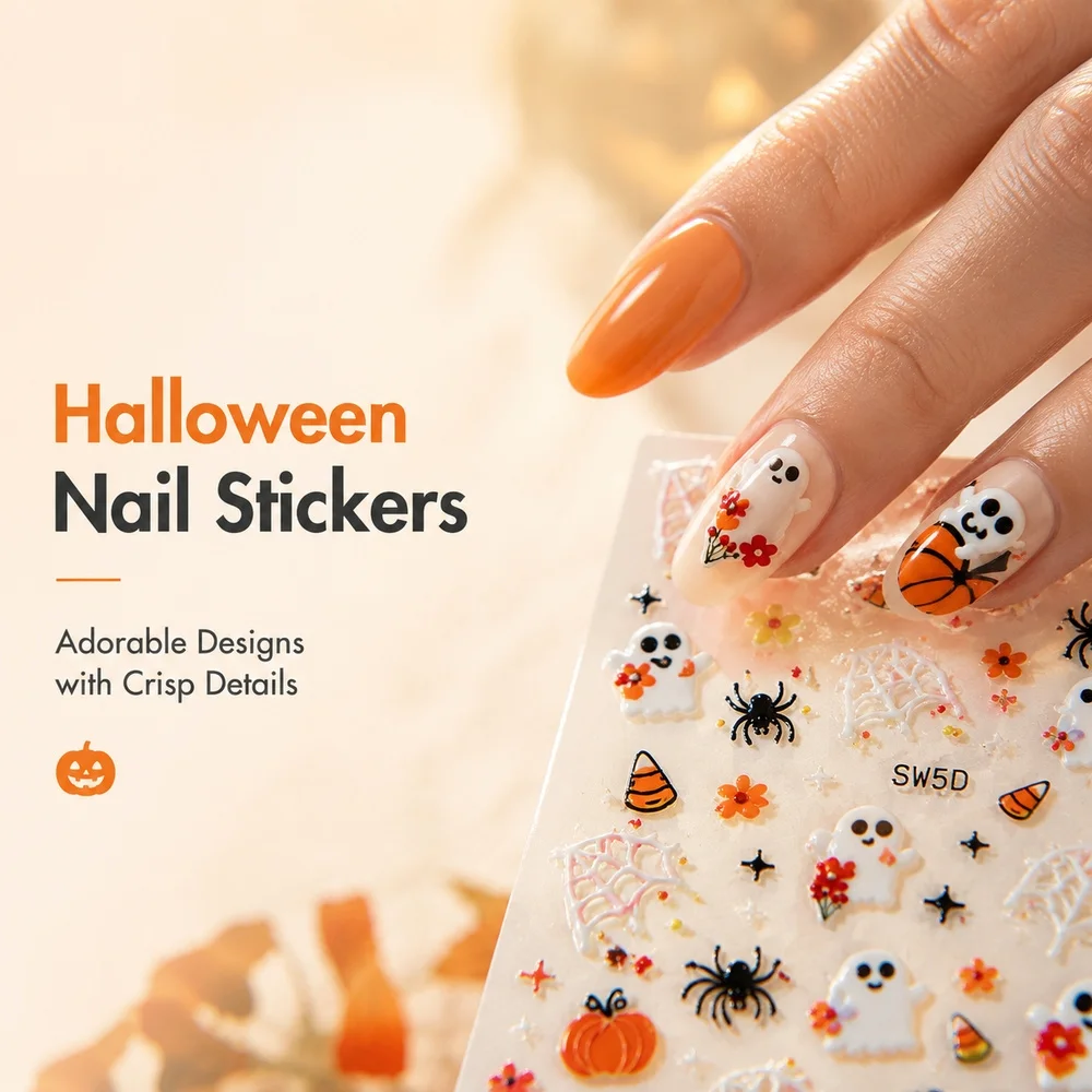 1Sheet Transparent Back Halloween Nail Stickers Stereo Fall Pumpkin Ghost Skeleton Spider Lightweight Nail Art DIY Tools