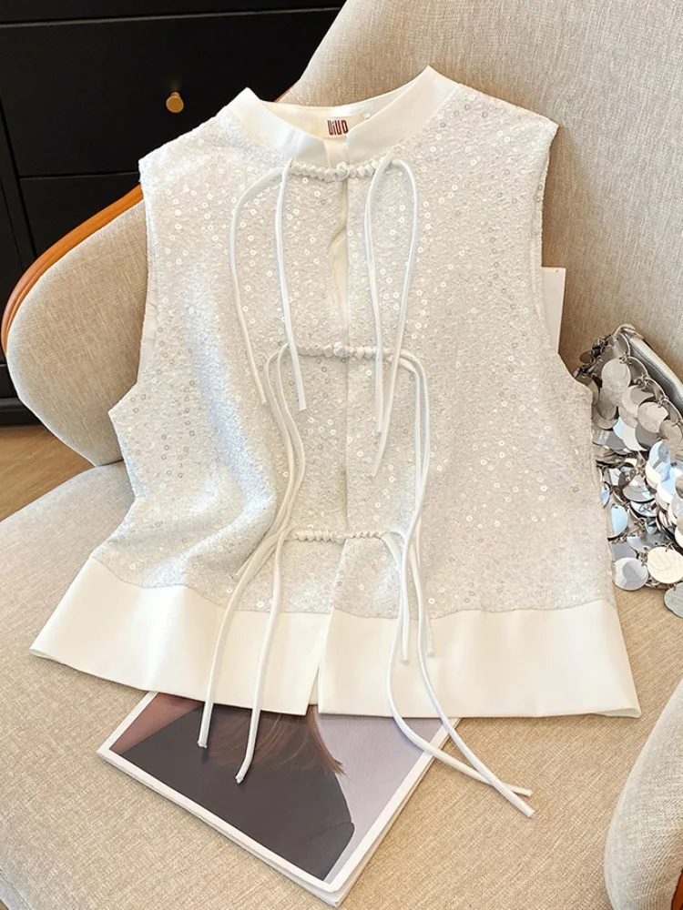 

New Chinese Sle Ladies Svel Jaet High-End Heavy Embroidery Bright Sequins Button Stand Collar Vest Top Summer Faion