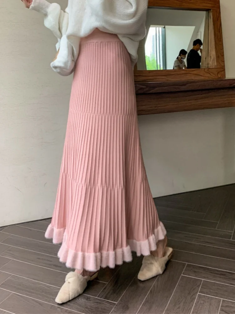

SMTHMA Women New Autumn Winter Mink Fur Soft Pleated Skirt Korean Fashion High Waist Knitted Mid Skirt