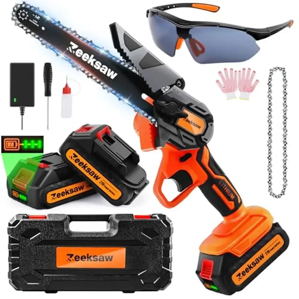 

6-Inch Cordless Mini Chainsaw with 2 Batteries Electric Handheld Saw Cutting Branches Pruning Gardening High Chain Speed