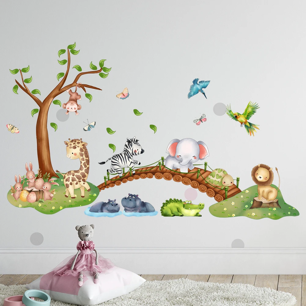 Cartoon dier olifant zebra giraffe brug muursticker waterdicht PVC kinderkamer kleuterschool woondecoratie