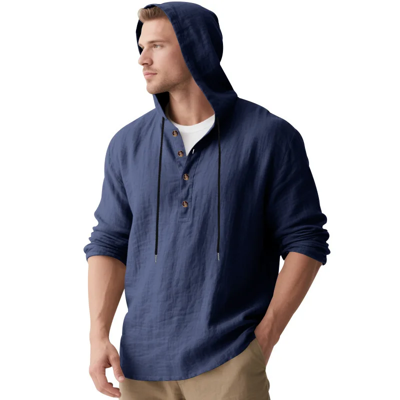 Men Linen Hooded Henley Shirt Long Sleeve Drawstring Hoodie Casual Loose Pullover Tops Spring Autumn