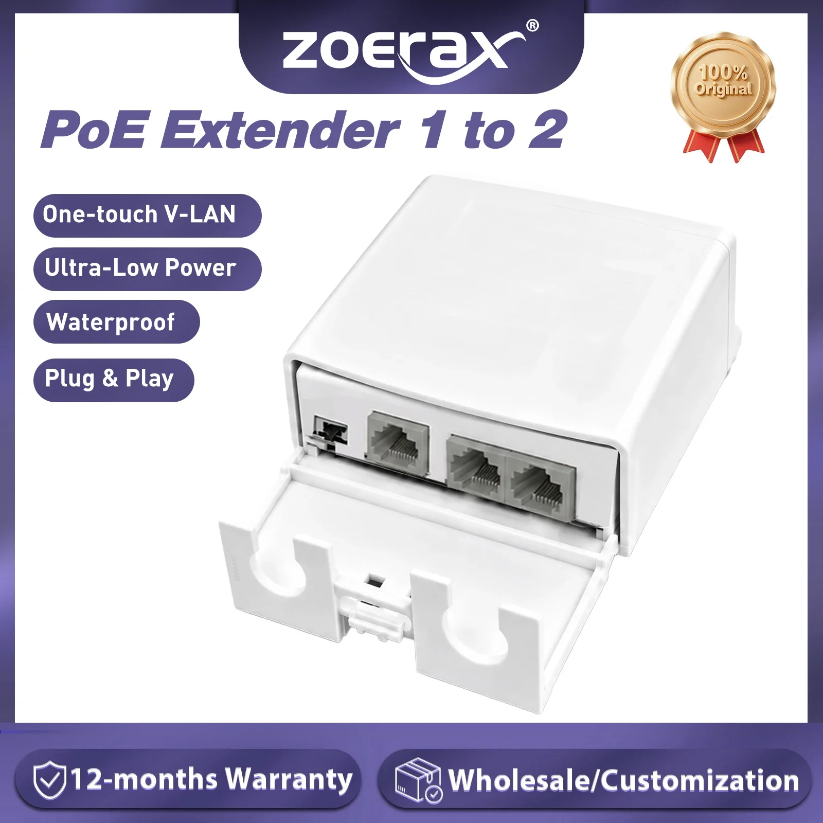 ZoeRax Outdoor Waterproof PoE Extender 1 to 2 Gigabit 100/1000Mbps Stable Transmission Plug and Play for PoE IP Camera