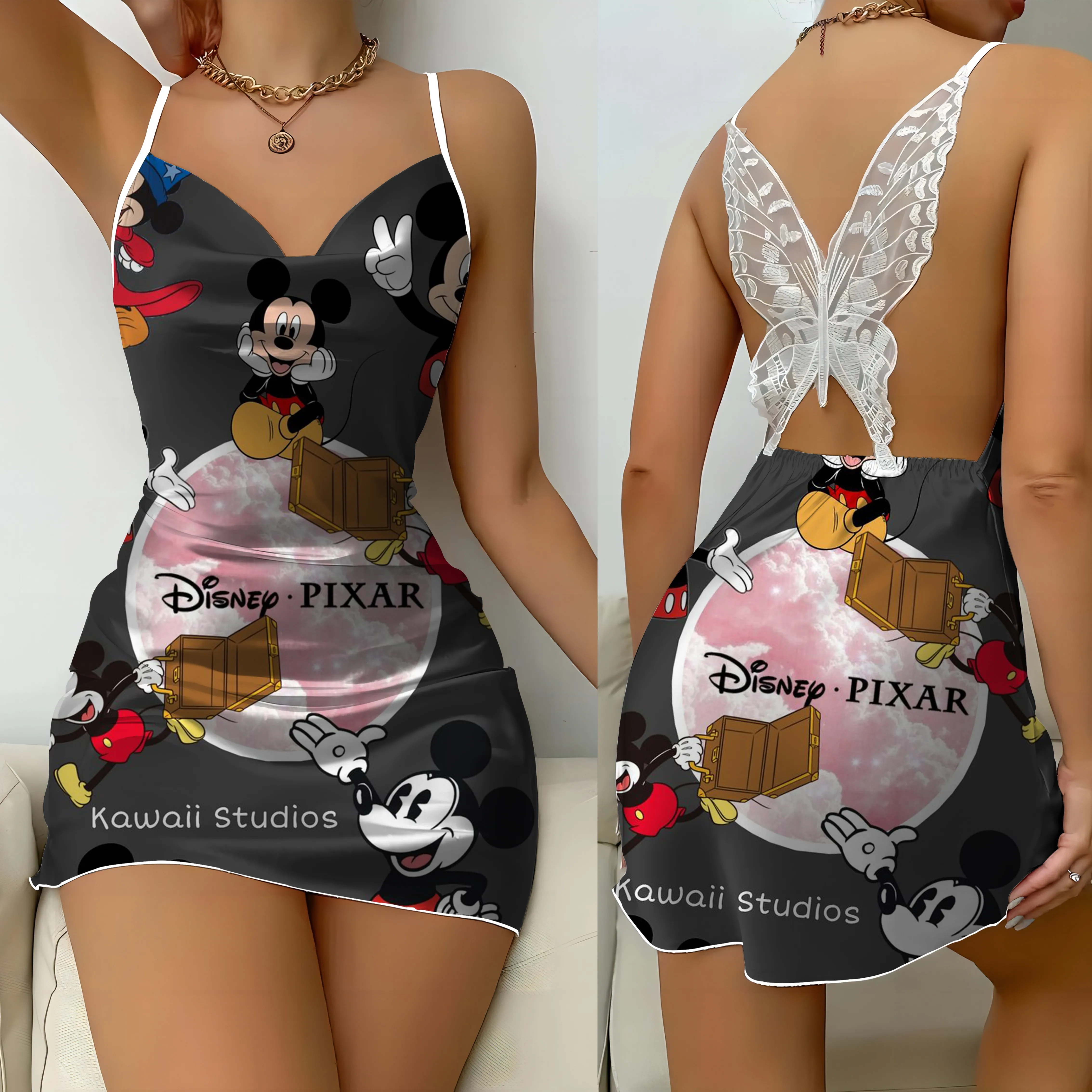 Abiti da donna Disney Backless Dress Mickey Bow Knot gonna del pigiama superficie in raso Minnie Mouse Fashion Summer 2024 Party Mini Sexy