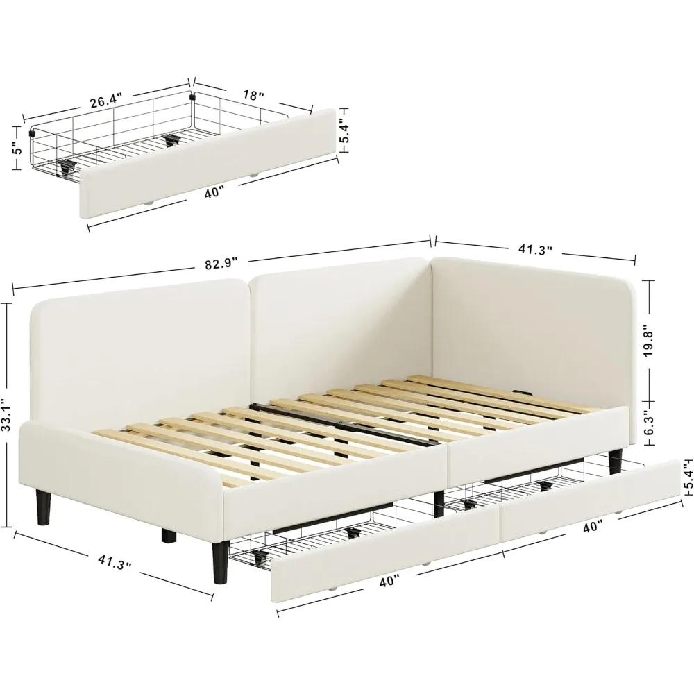 Espreguiçadeira Twin XL com cabeceira, estrutura de cama de canto com trilhos e gavetas de armazenamento, suporte sólido, para quarto de hóspedes, creme