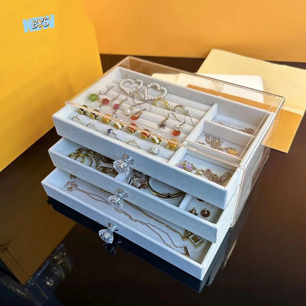 

Подставка для дисплея, 3-уровневая коробка для хранения ювелирных изделий, пыленепроницаемая прозрачная шкатулка для драгоценностей с тремя ящиками, квадратная пластиковая фланелевая шкатулка для драгоценностей для дома