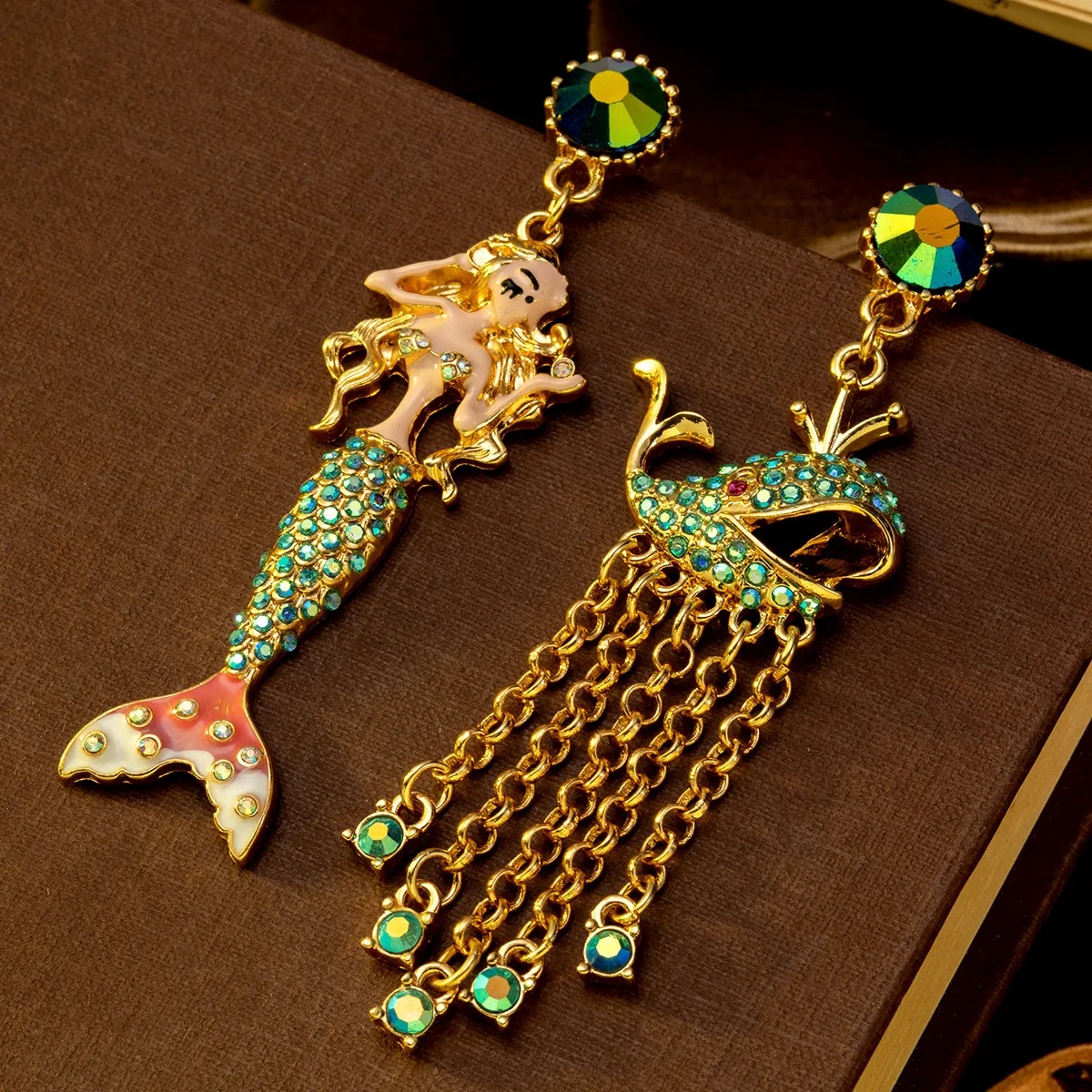 Vintage Asymmetrical Mermaid Enamel Earrings Luxury Whale Tassel Earrings