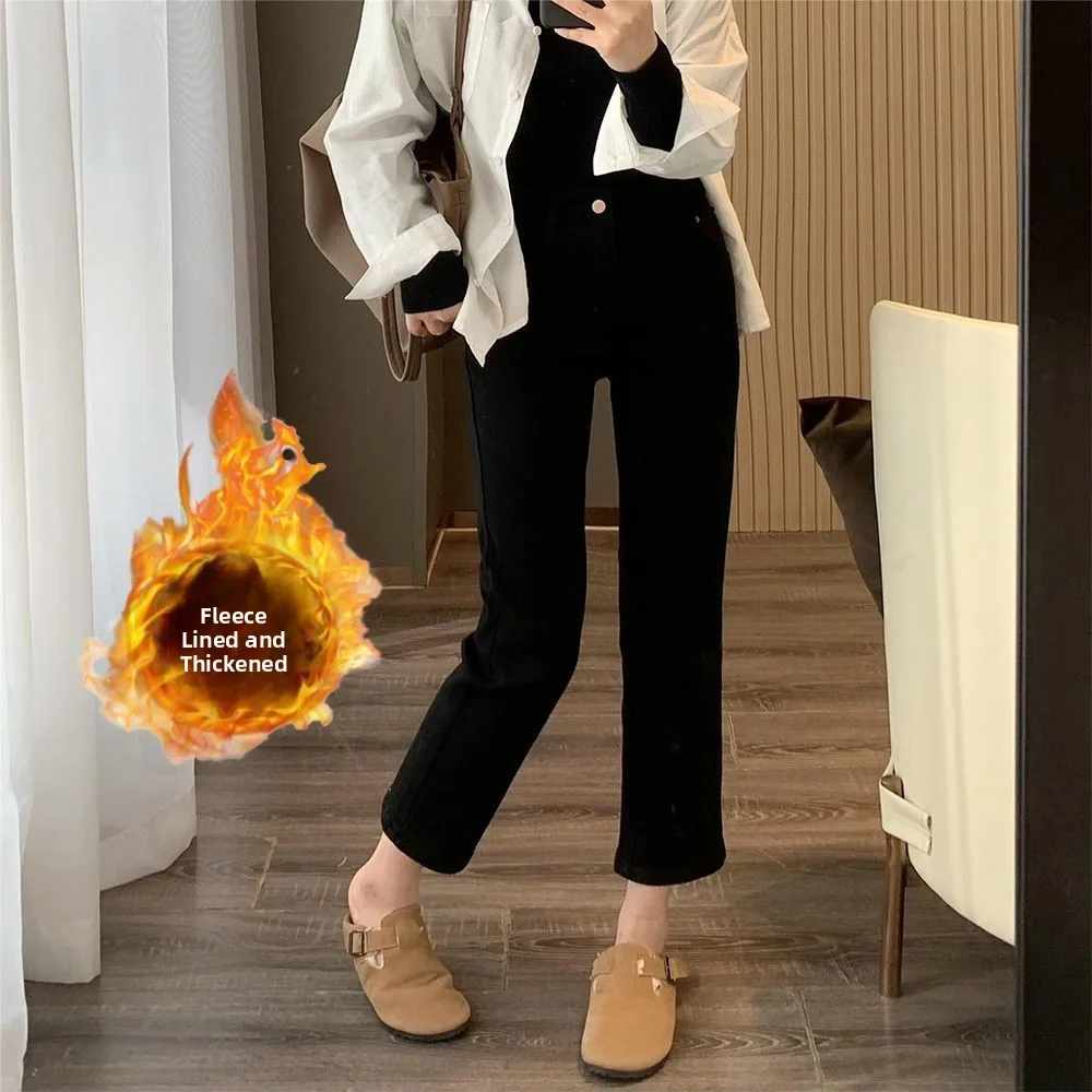 

Thiened Fce Lined Straight Leg Denim Jeans Women Winter High Waist Elastic Slim Fit Versatile ort Size e Tube Pants