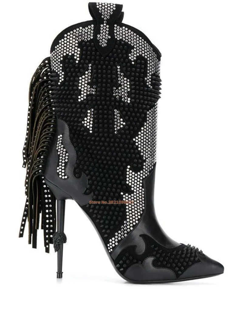 

Crystal Embellished Cowboy Short Boots Black Tassel Women High Heel Pointed Toe Pointy Thin Heeled Sparkle Western Boot