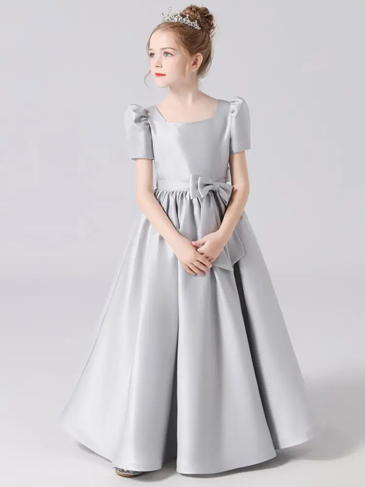 Princess Satin Flower Girl Dress For Wedding Simple Short Sleeves Floor Length Kids Birthday Party Beauty Pagnant Ball Gowns