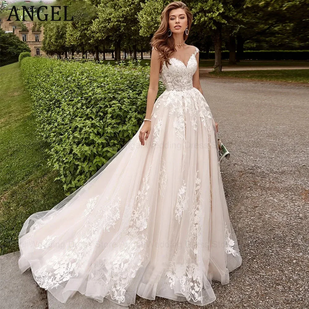 Vestidos de novia con mangas de casquillo de playa para mujer, ilusión de encaje, botones en la espalda, apliques de tul