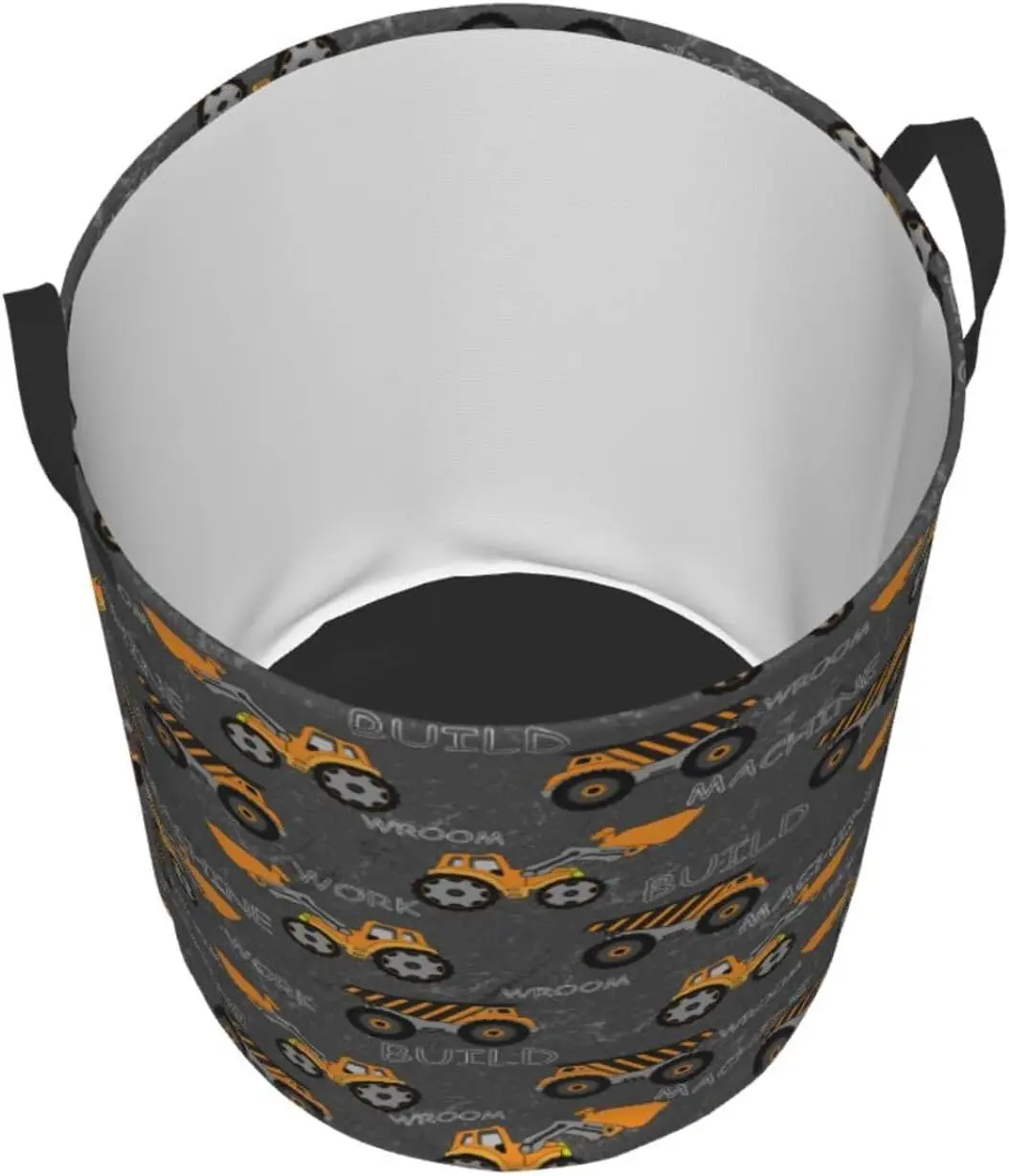 Cute Excavator Engineering Vehicle Laundry Hamper Bag With Waterproof Liner - Round Laundry Basket Foldable Clothes Storage