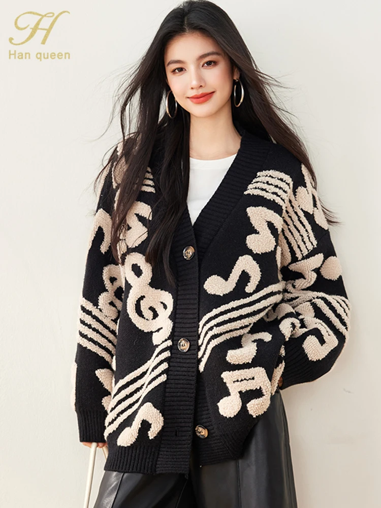 

H Han Queen Korean Knitted Cardigan Sweater Women Sweaters Coat V-Neck Loose Lazy Casual Basic Long Sleeve Vintage Outerwears