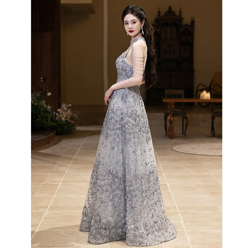 Sexy Neline Evening Gown Host Year End Par Dr owmanip Sino Silk Single oulder Sle mid Waist KTV Costume