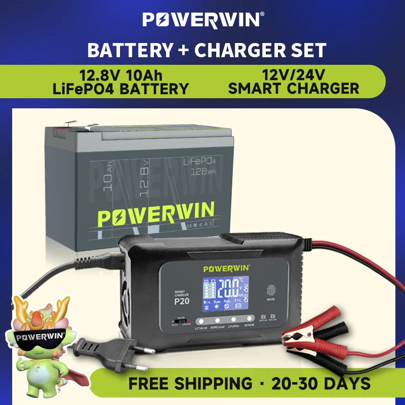 POWERWIN BT10 LifePO4 12V 10Ah/128Wh Automatic Smart Charger LCD AGM Lithium Lead Acid Repair Pulse P20 20A, 12V20A, 24V10A