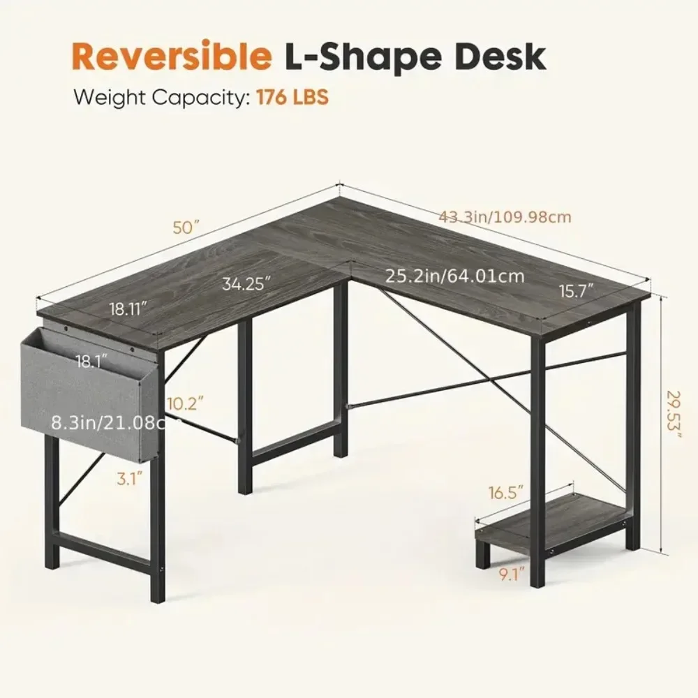 L-vormig computerbureau Houten hoek PC-gamingtafel met zijopbergtas voor kleine ruimtes op thuiskantoor, wit