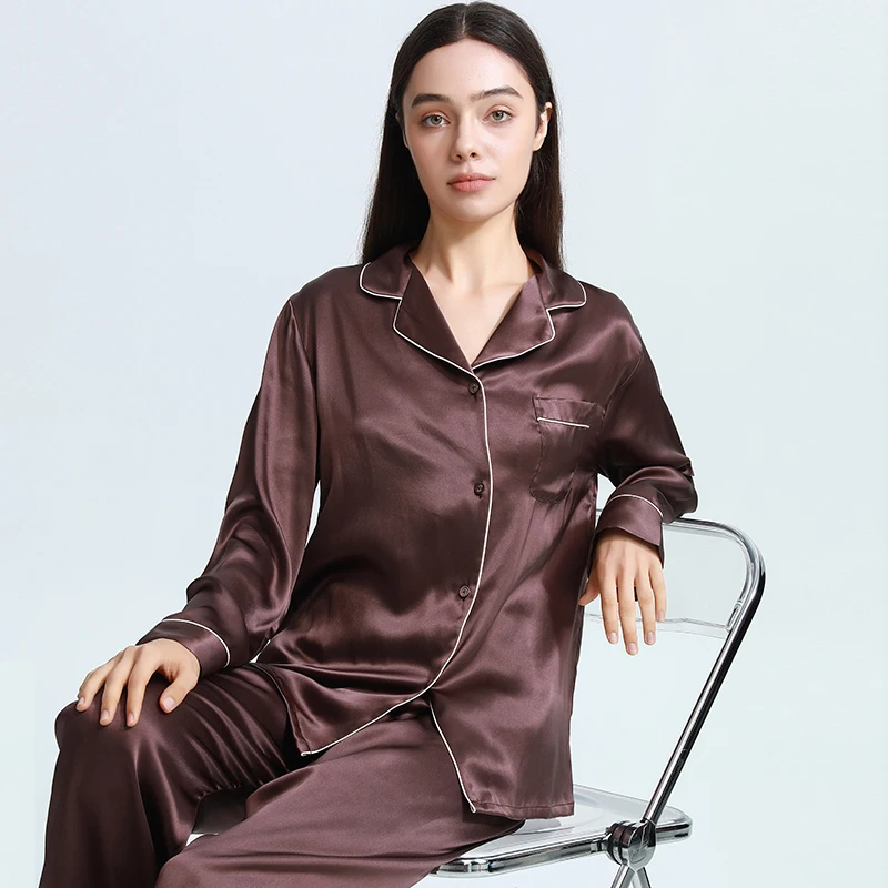 

19 мм 100% шелковый шелк, топ с длинными рукавами и брюки, пижамный комплект, кардиган на пуговицах с лацканами, пижамная одежда для дома, ночная рубашка