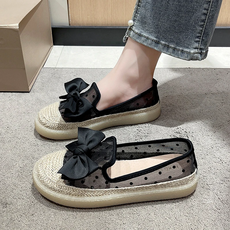 女性用釣り靴-キャンバス-スリッポン-フラットボトム-ソフトソール-バタフライノット-カジュアル-ファッショナブル-春夏-ディープマウス-シングルシューズ