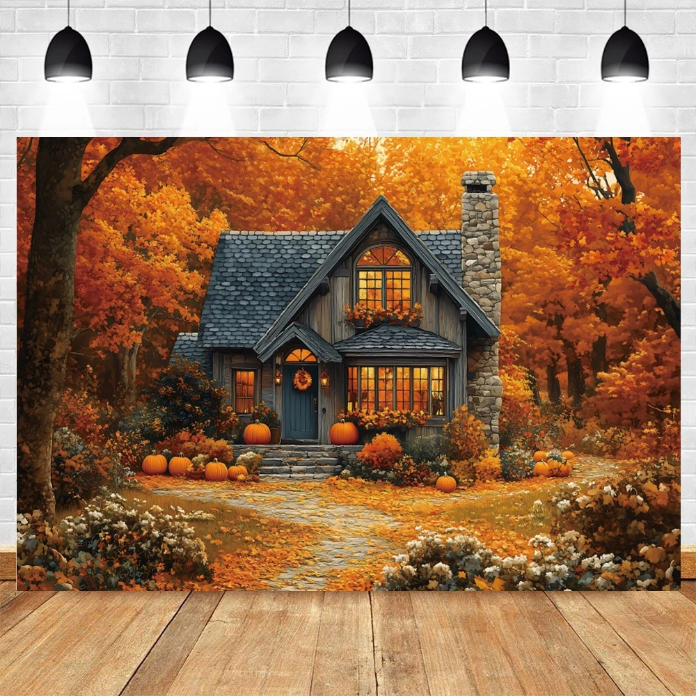 Autumn House Backgrounds For Photography Pumpkin Fall Leaves Garland Cozy Cottage Theme Festivial Portrait Backdrop Studio Props