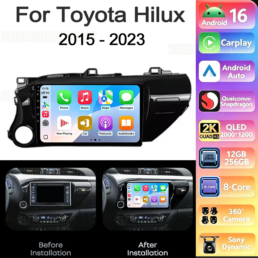 Android 16 Car Radio Navigation Multimedia Stereo Player Carplay&Auto For Toyota Hilux Pick Up AN120 2015 - 2023 LHD