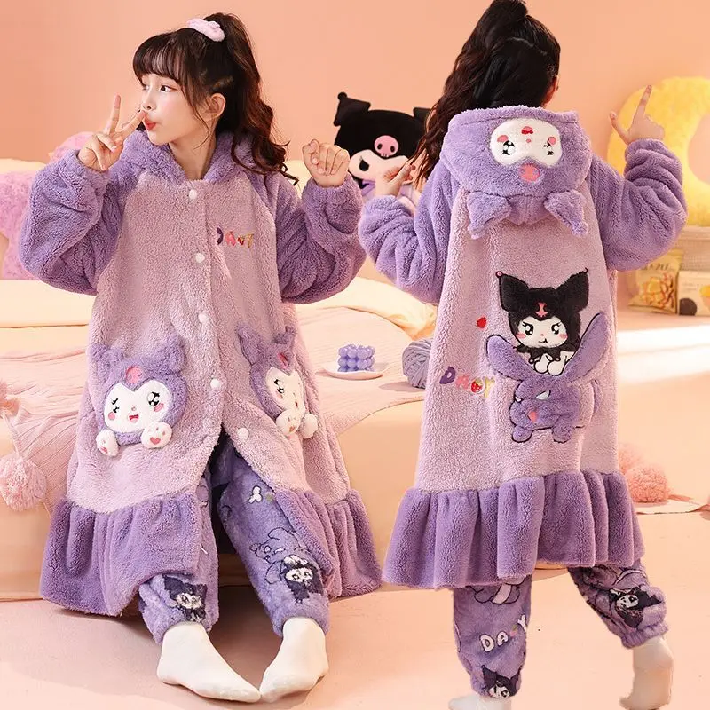 

Горячий пижамный комплект Sanrio для девочек Kuromi Kawaii, зимний детский теплый топ, длинные штаны, халат, детская одежда, комплект из 2 предметов, новый