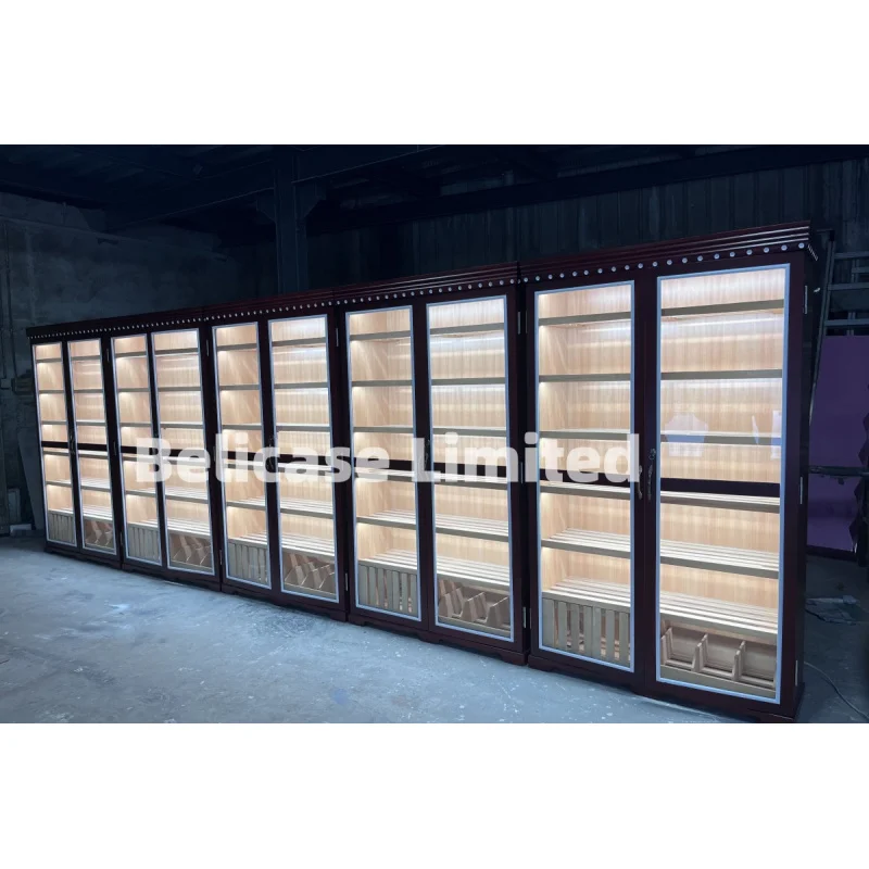 customized.Smoke Shop Display Showcase Spanish Ceder Wood Humidifier Cabinets Large Double Glass Door Led Cigar Humidor Cabinet