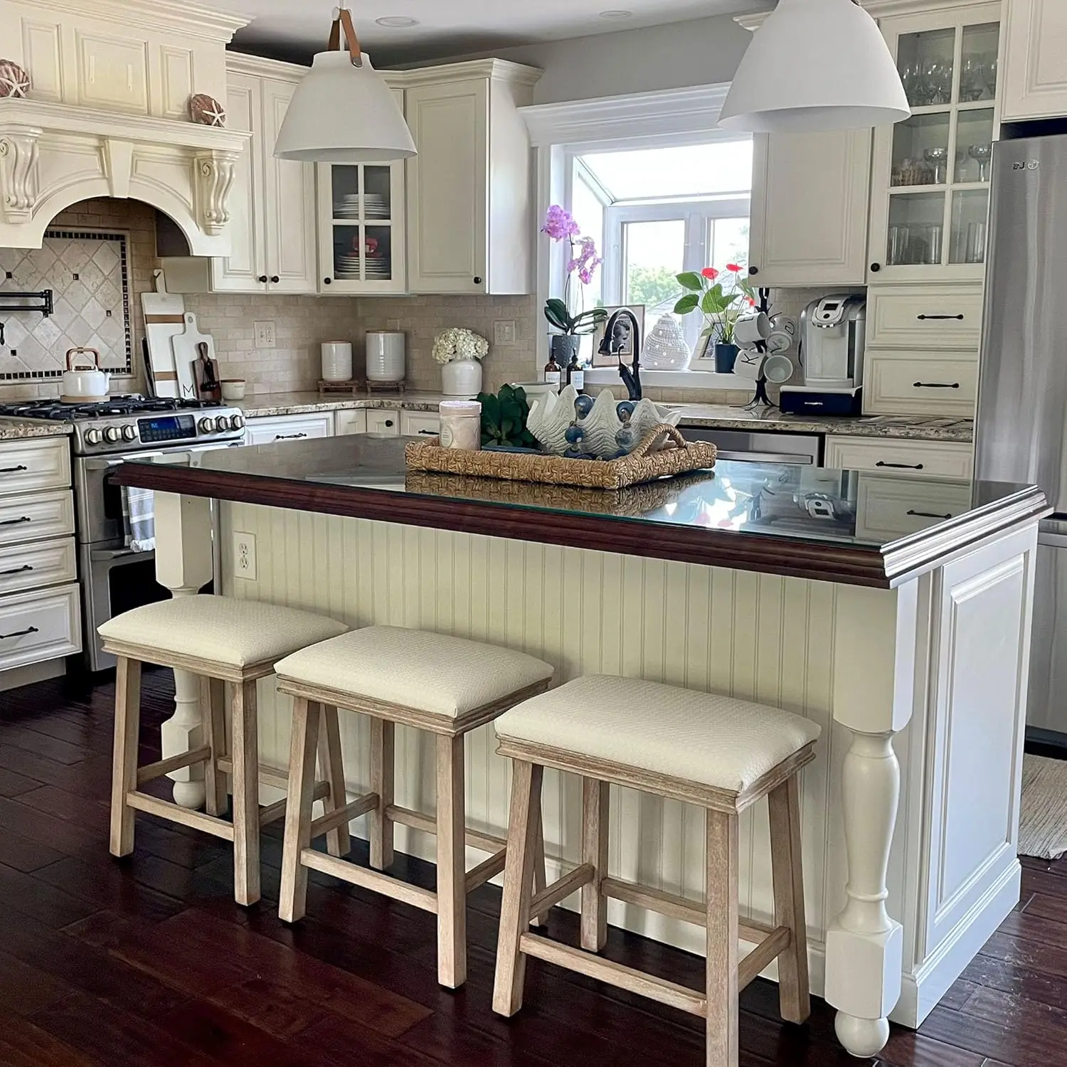 Bar Stools Set Of 3 - Solid Wood Legs Counter Height Barstools With Upholstered  Seat, 24 Inch Kitchen Counter Island Stools