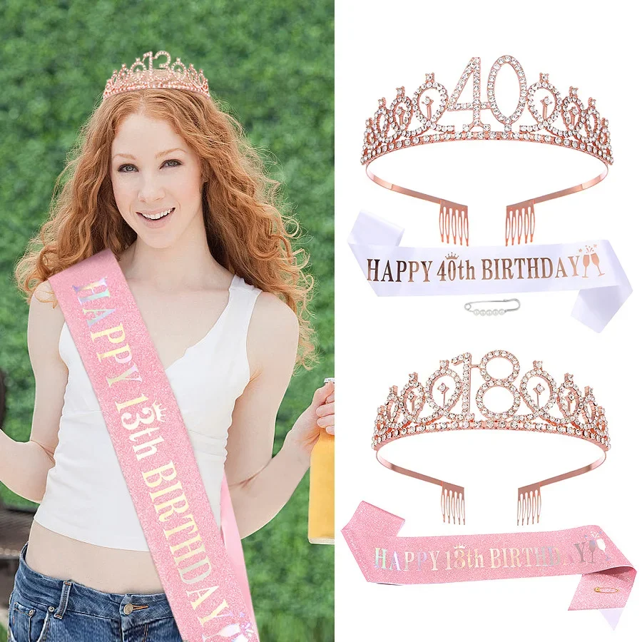 Birthday Party Alloy Number Crown Strap Set Rose Gold Hoop Ceremony Belt Prom Headdress Accessories Women Hair Girls Hoops Tiara