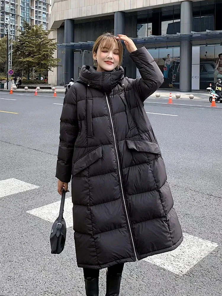 Luxury Long Puffer Jacket Women Hooded 90% White Duck Down Coat Ladies Winter Fluffy Feather Parkas Female Overcoat