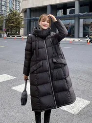 Luxury Long Puffer Jacket Women Hooded 90% White Duck Down Coat Ladies Winter Fluffy Feather Parkas Female Overcoat