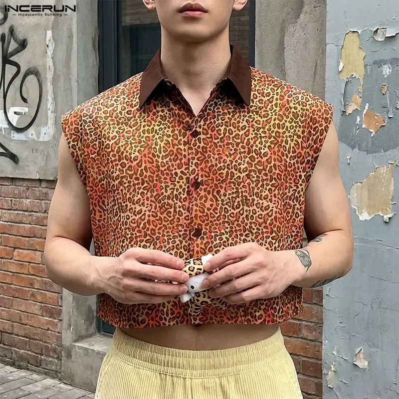 

INCERUN Men's Shirt Printing Patchwork Lapel Sleeveless Male Crop Tops Summer Streetwear Loose 2026 Stylish Casual Men Clothes