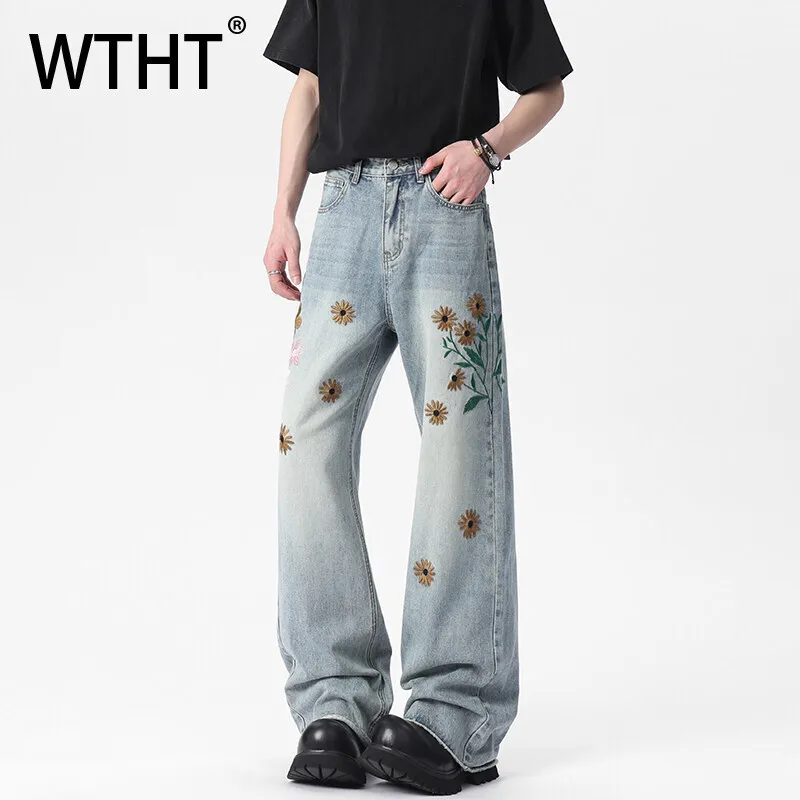 

WTHT Fashion Men's Irregular Flower Embroidery Gradient Denim Pants Vintage High-waisted Wide Leg Jeans Male 2025 Summer 2A0653