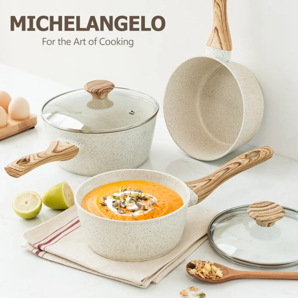 

MICHELANGELO Saucepan Set with Lid, Granite Coated Non-stick Saucepan Set, Suitable for Induction Cookers and Other Hobs