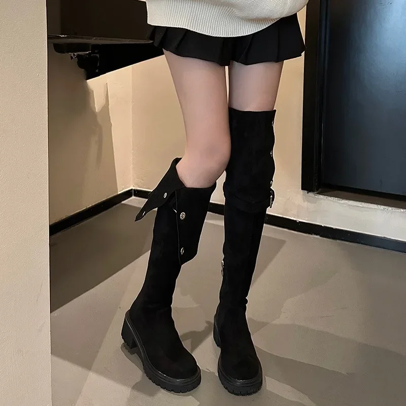 Retro Over The Knee Cowboy Boots Women Autumn Platform Shoes Fashion Suede Thigh High Knight Boots Chunky Heel Motorcycle Botas