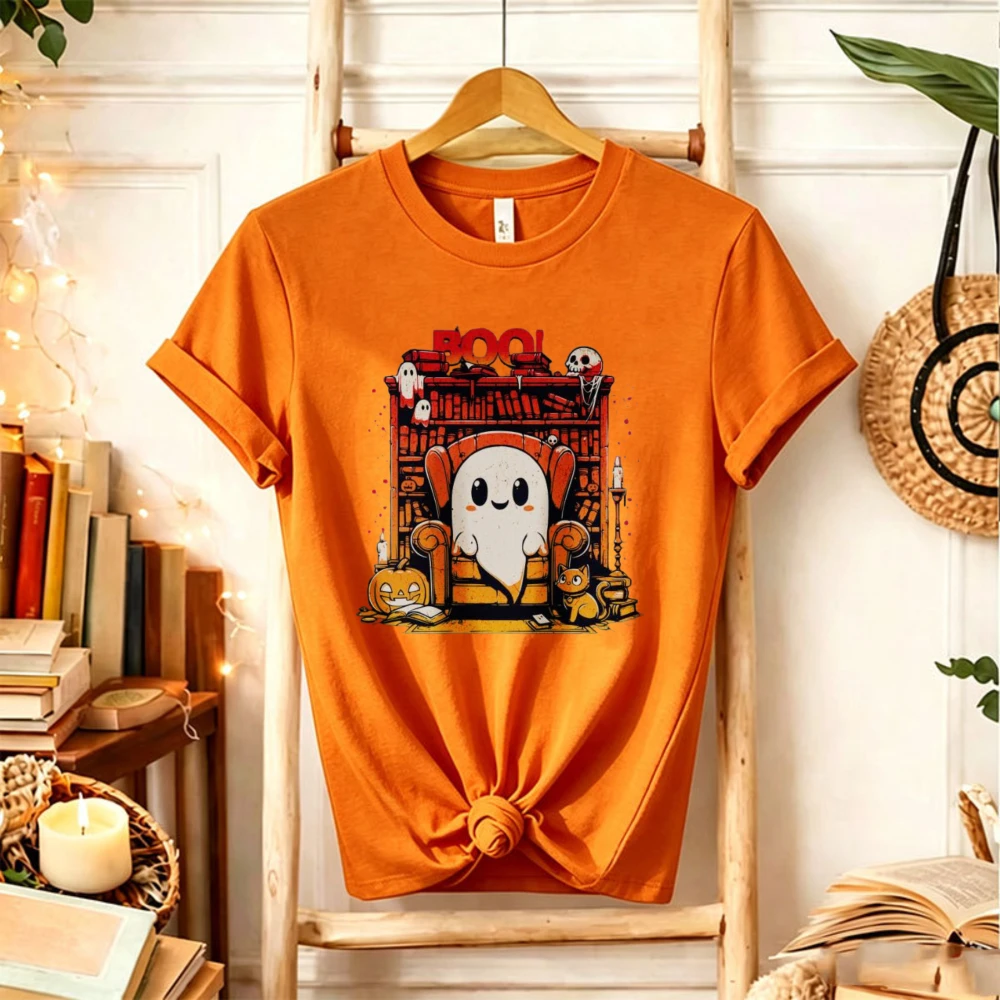 Cute Book Lover Ghost Boo Halloween T‑Shirt Ghost Reading on Armchair Bookshelf Pumpkin Black Cat Candle Spooky Bookish Tops Tee