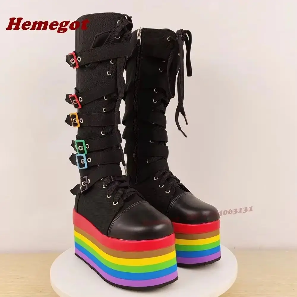 

Colorful Soled Platform Gothic Boots Round Toe Patchwork Multi-Buckled Knee High Boots for Women Lace-Up High Heels Dark Shoes
