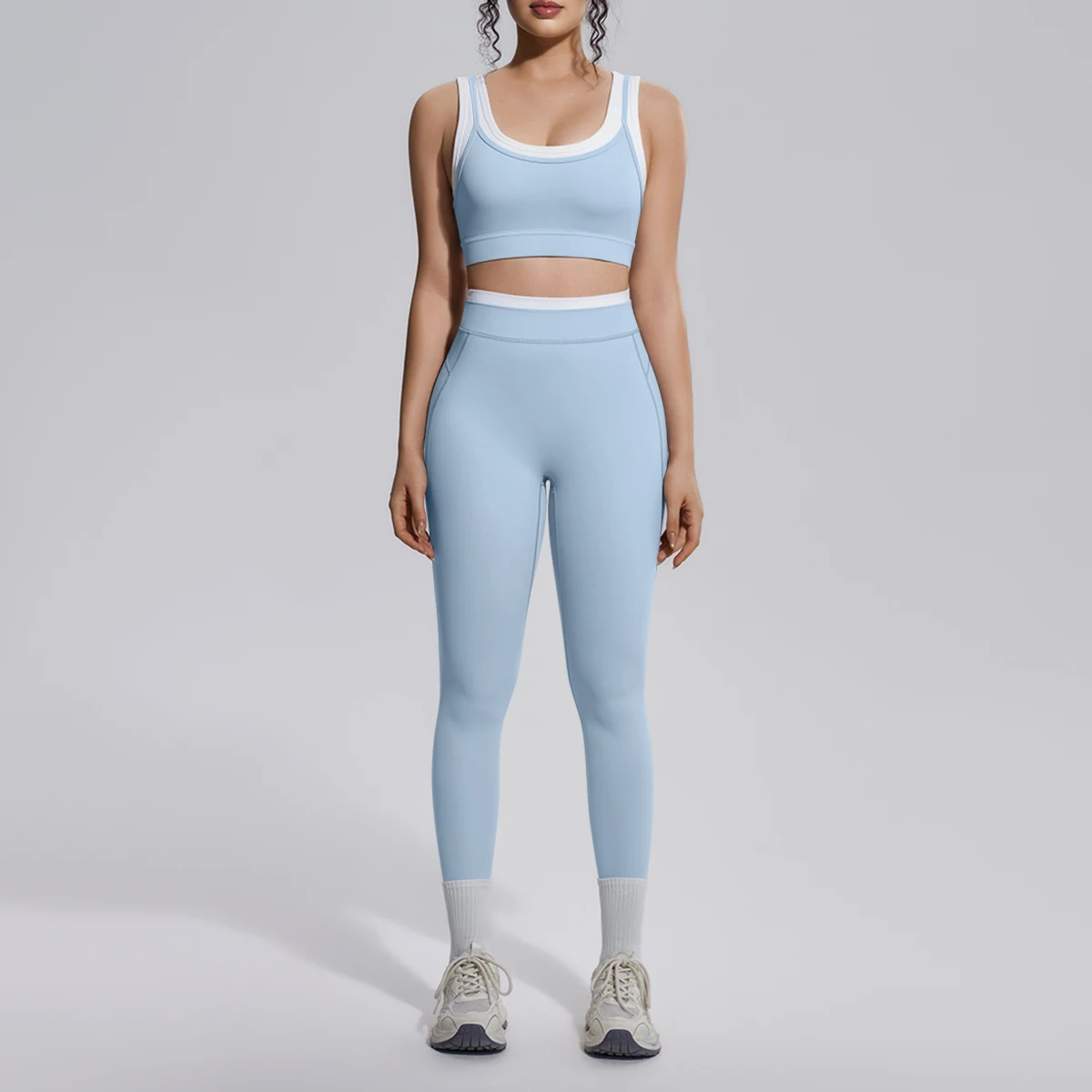 Rooftrellen 2PCS Yoga Set for Woman Sexy Sports Bra Yoga Vest with Chest Pad Color Blocking Peach Butt Yoga Pants Woman Gym Set